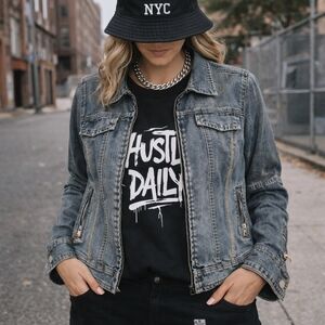 Vintage Zip Front Denim Jacket Moto Style Faded Blue Jean Jacket